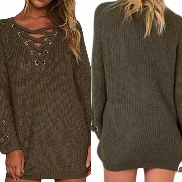 LAST1️⃣Gray Lace Up Oversized Knit Sweater - Picture 5 of 8